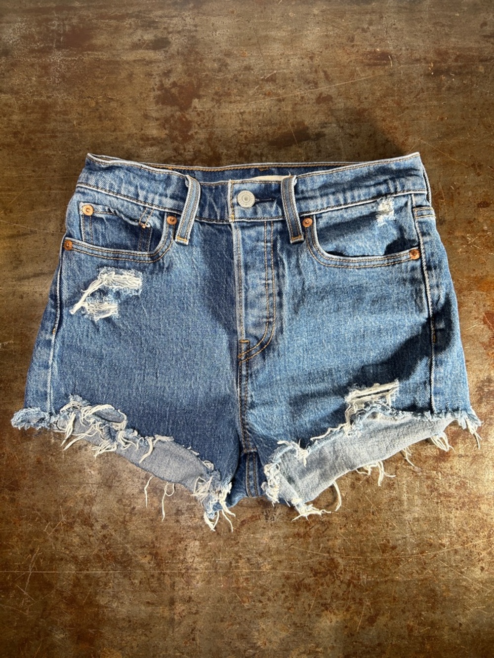 Levi's Wedgie Straight Distressed Blue Denim Cutoff Shorts Size 25